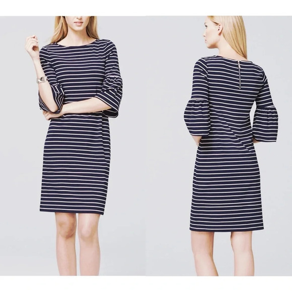 WHBM Navy Blue White Striped Bell Sleeve Knee-length Shift Dress Xsmall Women’s - Picture 1 of 13